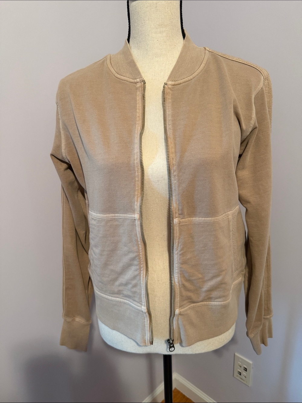 Athleta Taupe Zip-Front Bomber Jacket